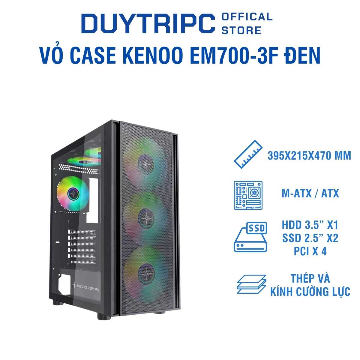 Vỏ Case Kenoo EM700-3F Đen – Thiết Kế Hiện Đại, Kính Cường Lực, Tặng Kèm 3 Fan RGB